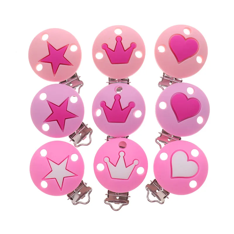 

10pcs Baby Silicone Round Crown Pacifier Clips Heart BPA Free Teether Soother Clasps DIY Teething Necklace Nipple Chain Holder