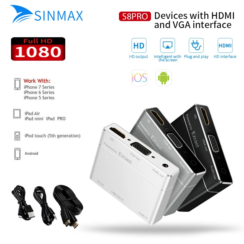 EZCast 1080p ТВ ключ HDMI/VGA + аудио конвертер Цифровой AV адаптер 3 в 1 USB HD дисплей