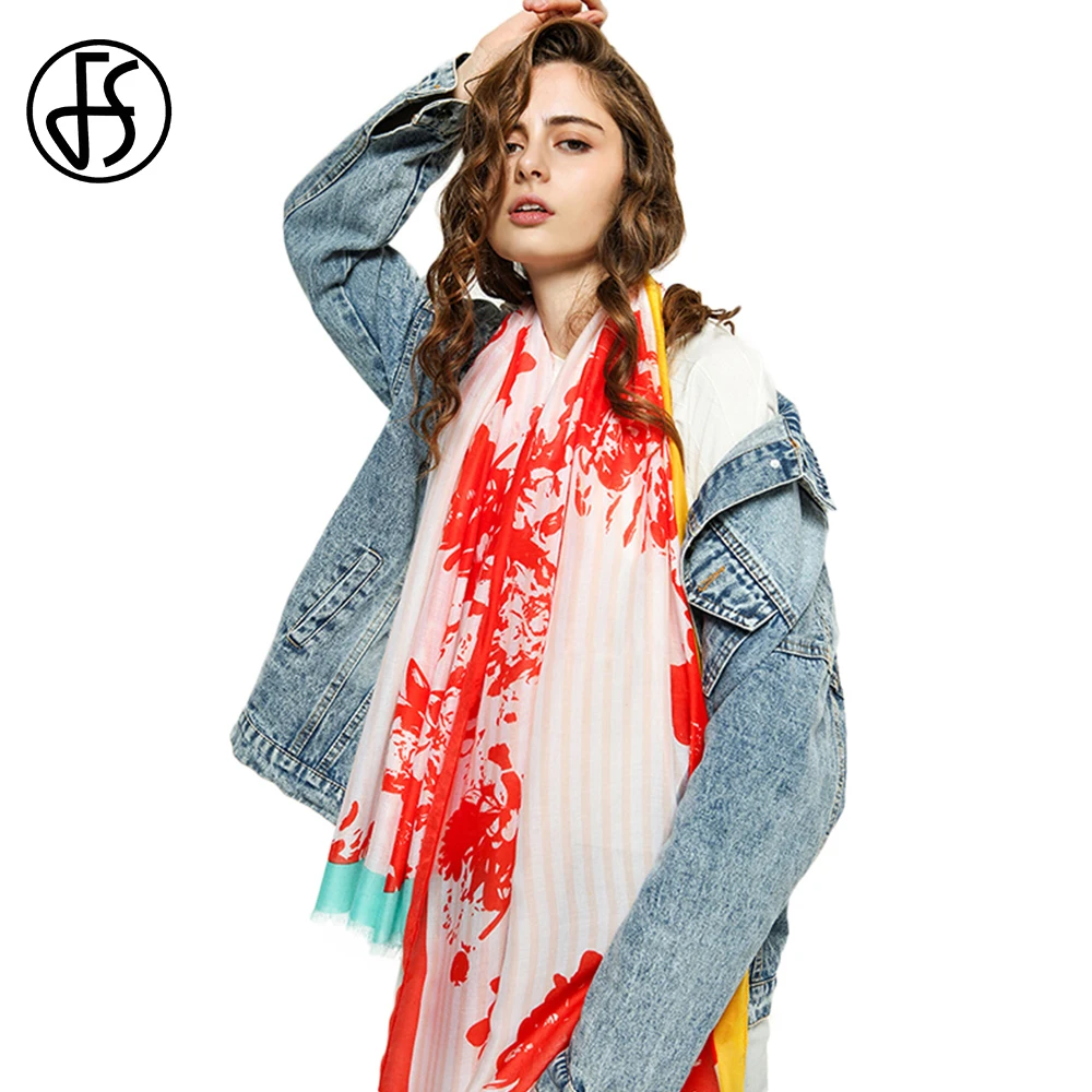 

FS Autumn Winter Ladies Scarfs And Wraps Red Green Flower Printing Cotton Linen Scarves Stole For Women Elegant Foulard 2019