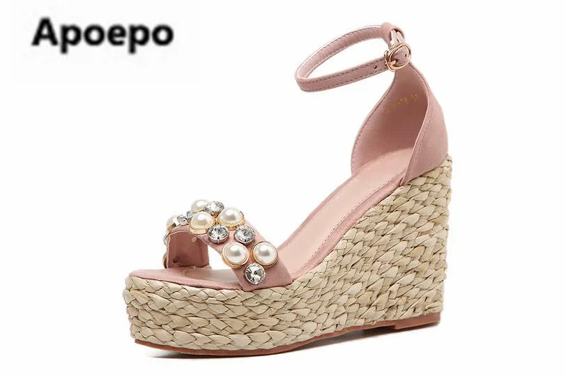 

sales brand Thick sandals pink black crystal party shoes pearl platform wedges shoes women high heels sandales femme Bohemia