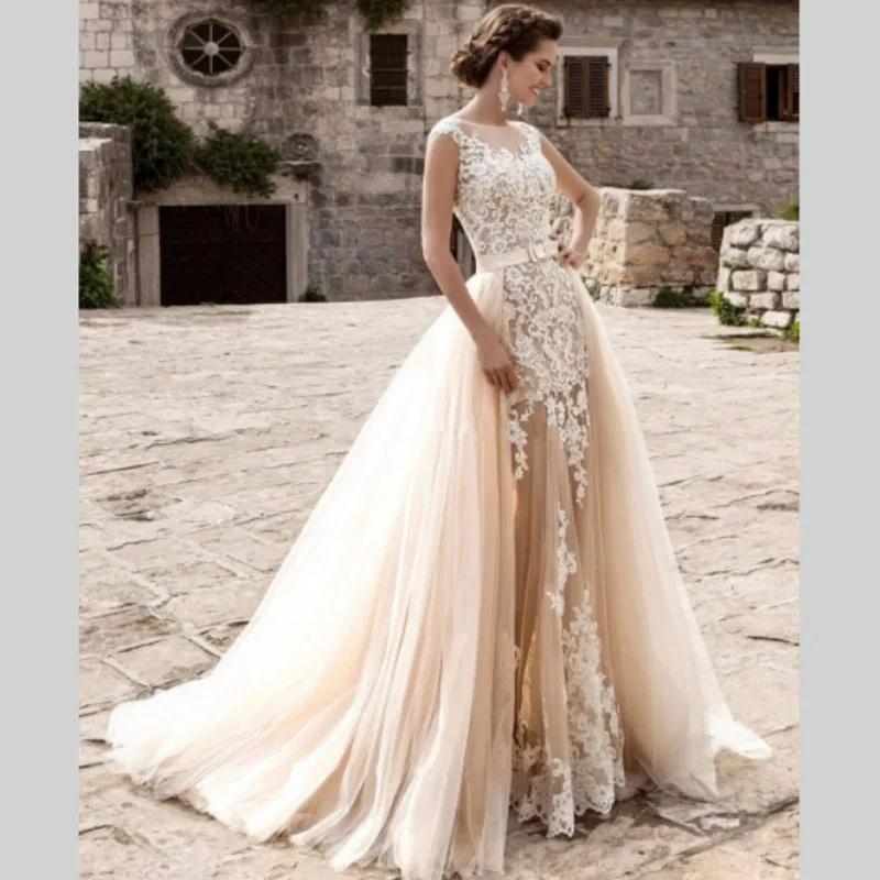 Vestido Де Noiva 2017 Vintage Шампанское Кружева Свадебное Платье Сексуальная Тюль