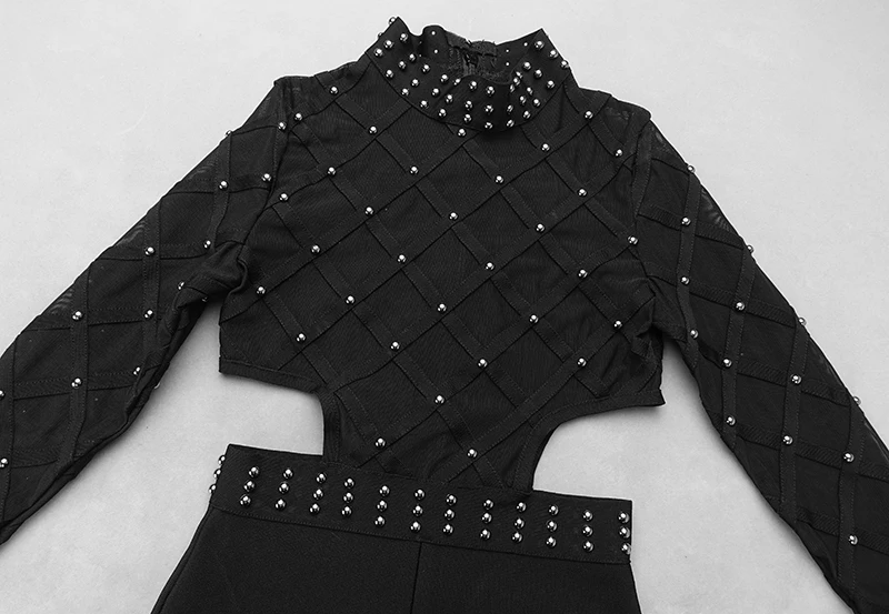High Quality Black Long Sleeve Beading Hollow Out Rayon Bandage Jumpsuit Cocktail Party Bodycon Jumpsuit (6)