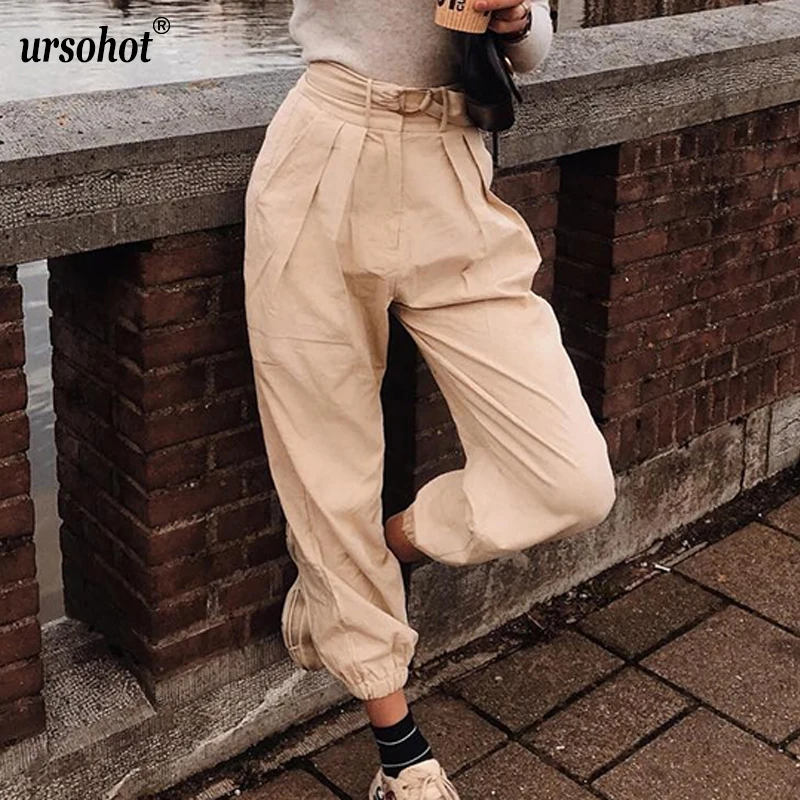 

New 2019 Summer High Waist Cargo Pants Women Elastic Streetwear Trousers Joggers Woman Casual Slim Belt Loose Pockets Sweatpants