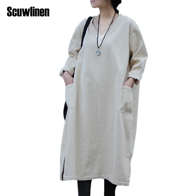 

SCUWLINEN 2019 Women Winter Dress Vestidos Thickening Jacquard Dress V-Neck Vintage Dress Loose Casual Dress Plus Size Robe S54