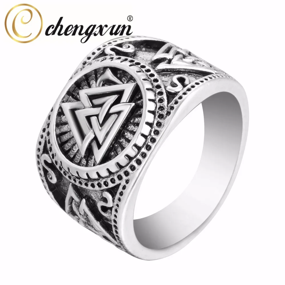 CHENGXUN Viking, Круглый, Большая ширина, печатка, кольцо на палец, для мужчин, черный, серебряный, модный, Валькнут,, Винтажные Ювелирные изделия 15 мм