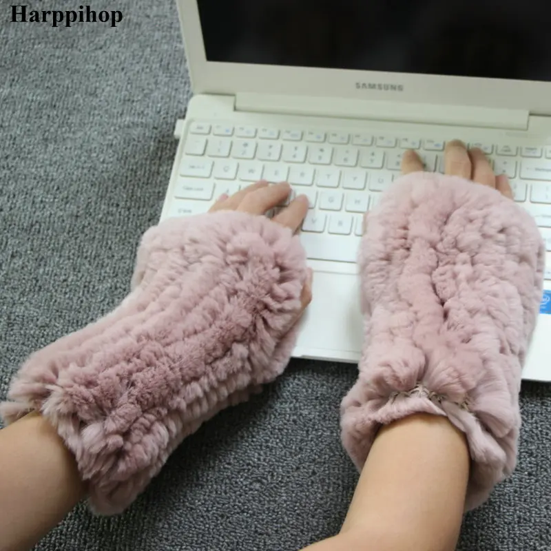 Harppihop * 2018 новые женские 100% натуральная Трикотажные кролика рекс мех животных зимние перчатки-метенки без пальцев рука рукавом