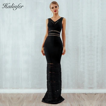

Halinfer 2018 New summer women dress sexy bodycon v neck hollow out bandage dress elegant celebrity party black dresses vestidos