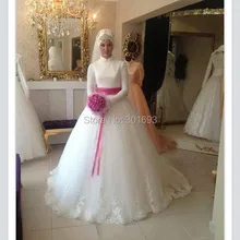 Oumeiya OW165 With Hijab Veil Soft Tulle High Neck Long Sleeve Wedding Dress for Muslim Women 2015