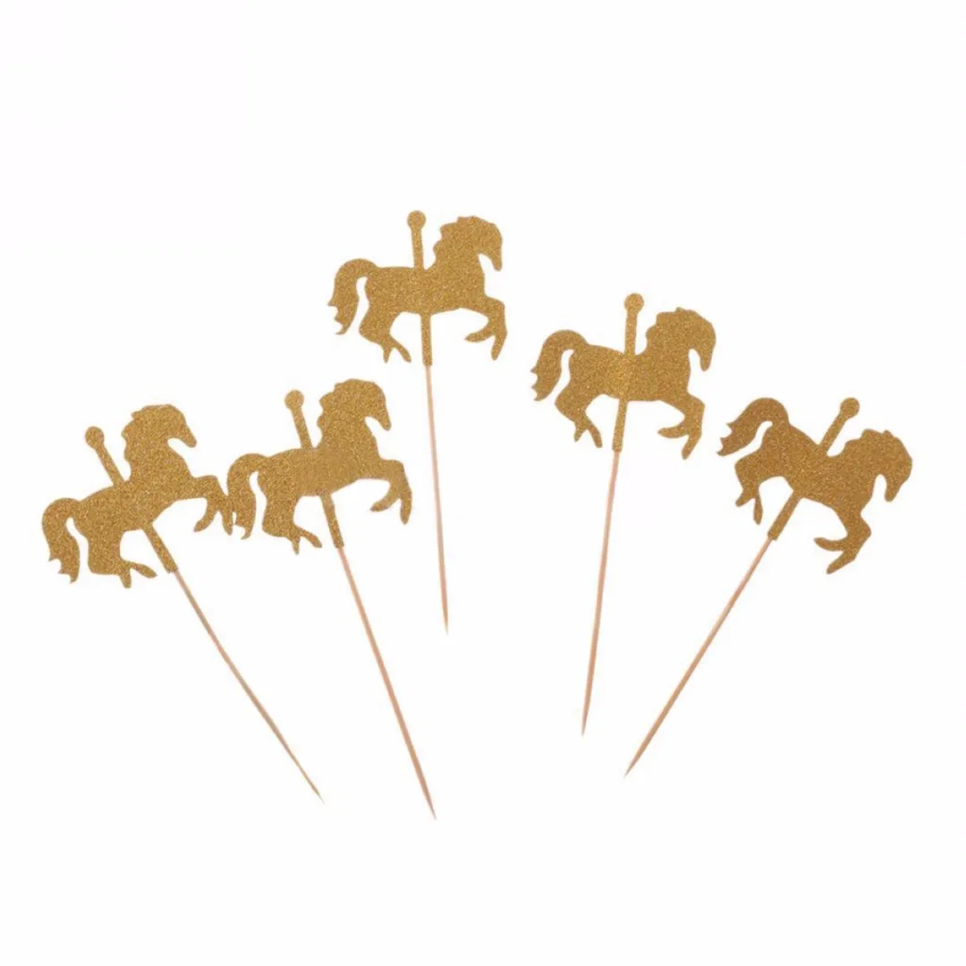 5pcs/set  Glitter Rotating Horse Cupcake Picks Cake Toppers Party Wedding Decoration Gold/Silver