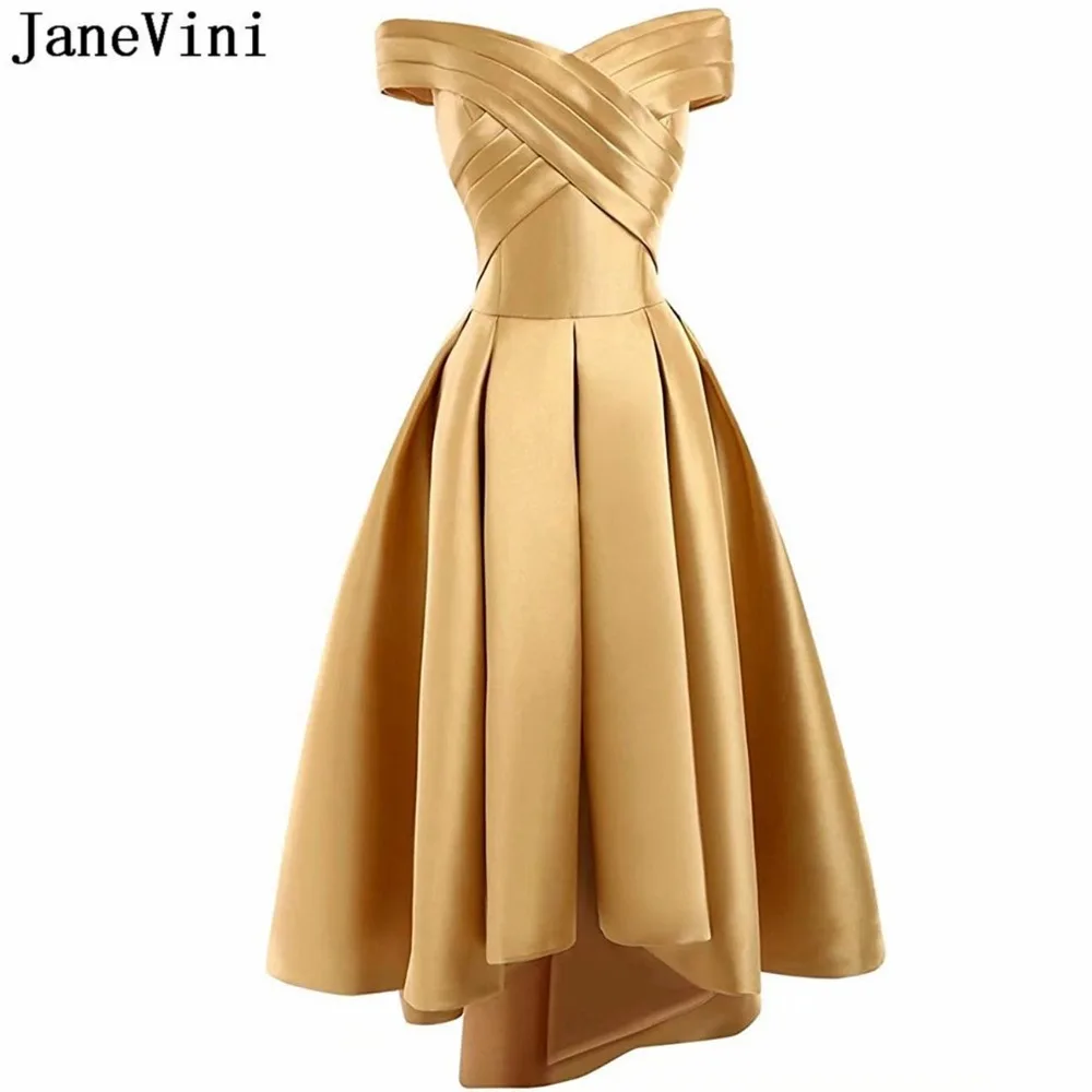 JaneVini простое Золотое сатиновое длинное платье подружки невесты с открытыми плечами, высокая низкая официальная одежда для выпускного вечера на шнуровке сзади до щиколотки