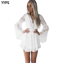 YYFS 2019 Hollow Out Lace Chiffon Dresses Sexy Women Mini Dress Criss Cross Bandage Semi-sheer Plunge V-Neck Long Sleeve Dress stylish women s v neck criss cross cut out dress