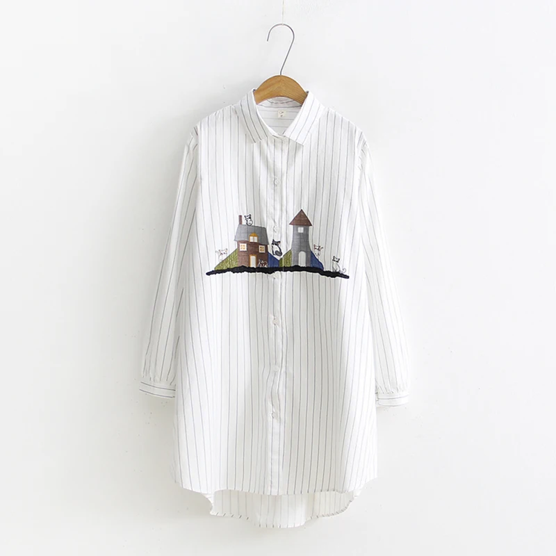 

cartoon castle embroidery striped long shirt white women blouse 2019 spring kawaii