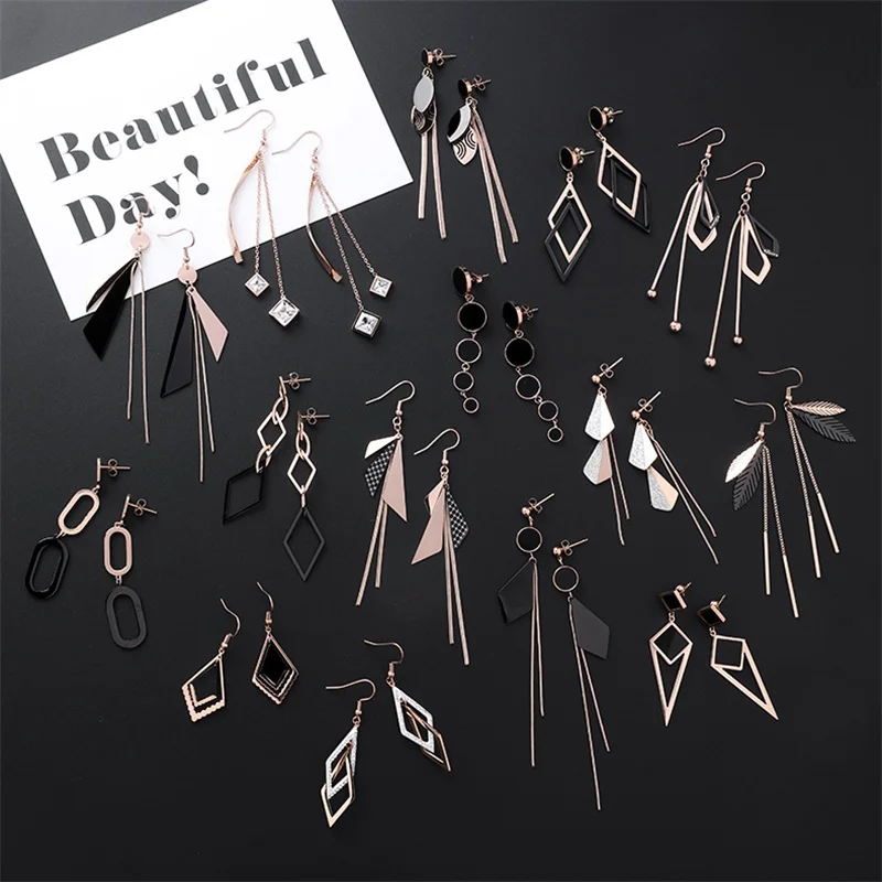 New Listing Geometric Titanium Steel long Tassel Girl Earrings gold Stainless Steel Triangle leaf Girl Black Jewelry Earrings 1