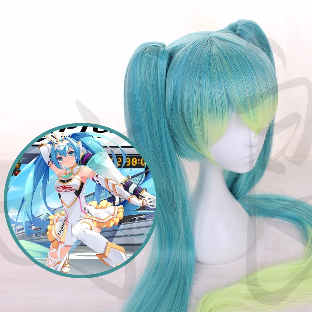 2018 Vocaloid Hatsune Miku Racing Wig Ponytails Cosplay Wig Long Facial