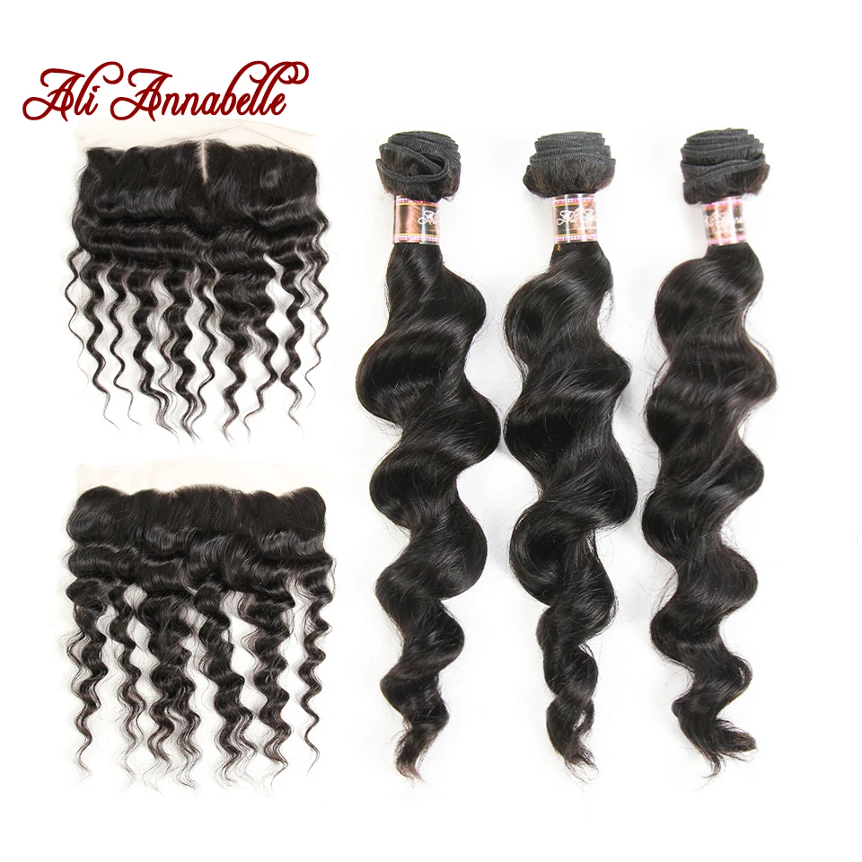 

ALI ANNABELLE Indian Loose Wave Bundle With Frontal 3 Bundles Human Hair Weave Remy Hair 13*4 Lace Frontal Closure With Bundles