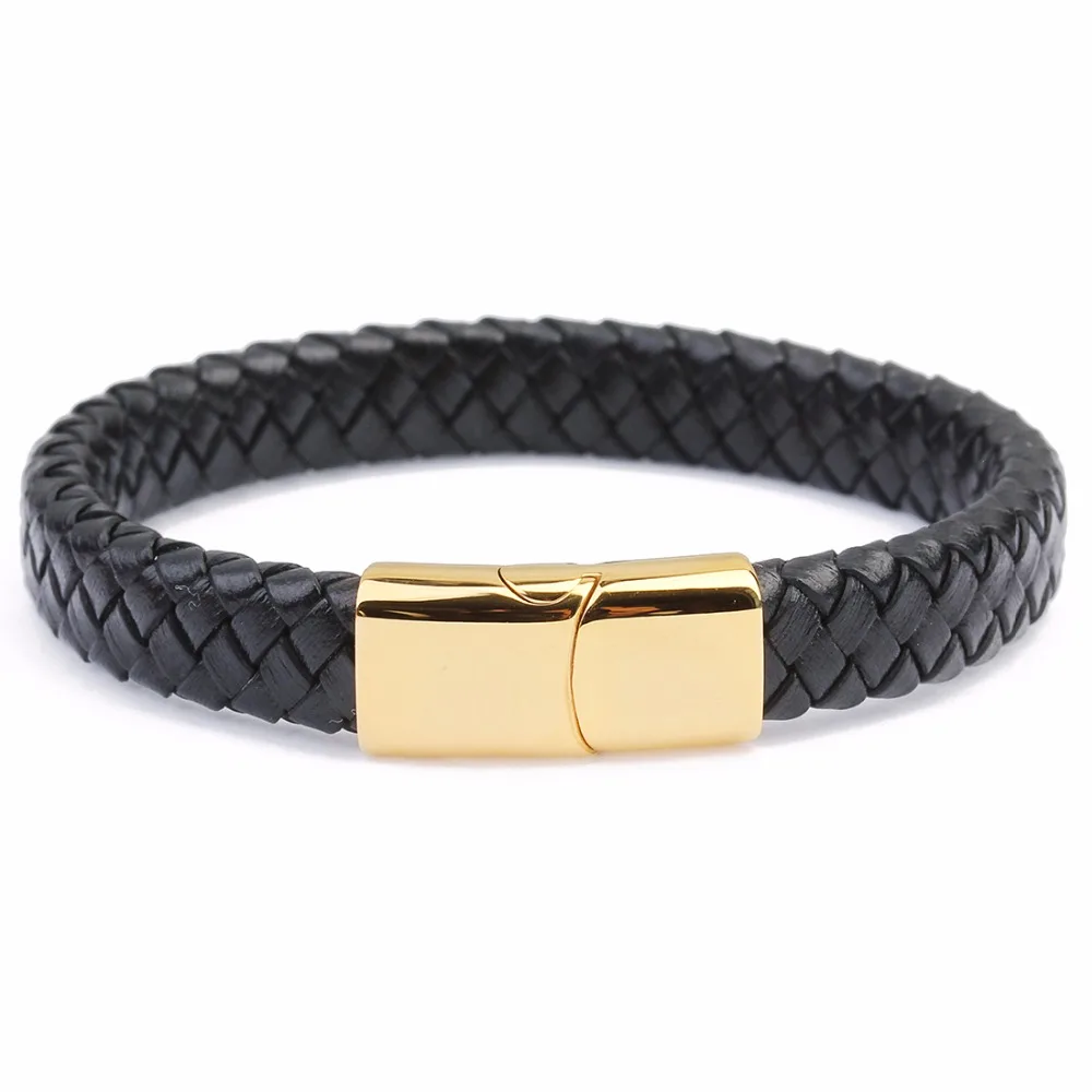 

Fashion Male Jewelry Braided Leather Bracelet Handmade Bracelet Gold Black Stainless Steel Magnetic Clasps Men Wrist Bangles