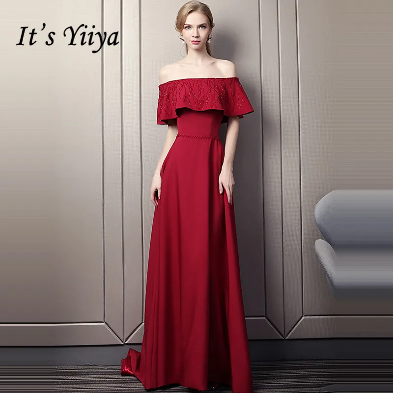 

It's Yiiya Evening Dress 2019 Wine Red Bot Neck Ruffles Crystal Small Trailing Zipper Formal Gowns LX1602 robe de soiree
