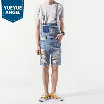 

Denim Mens Shorts Korean Fashion Male Overalls Hole Ripped Biker Casual Man Suspenders Streetwear Knee Length Jumpsuits Men