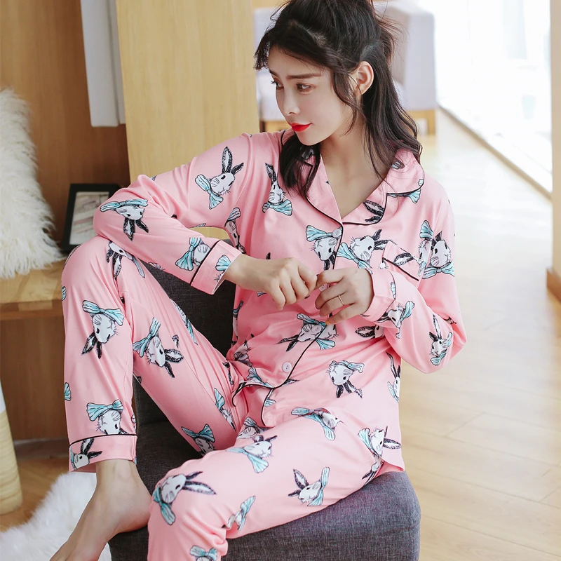 good quality Women Comfortable Cotton Pajama Set Girl Print pink Pyjama