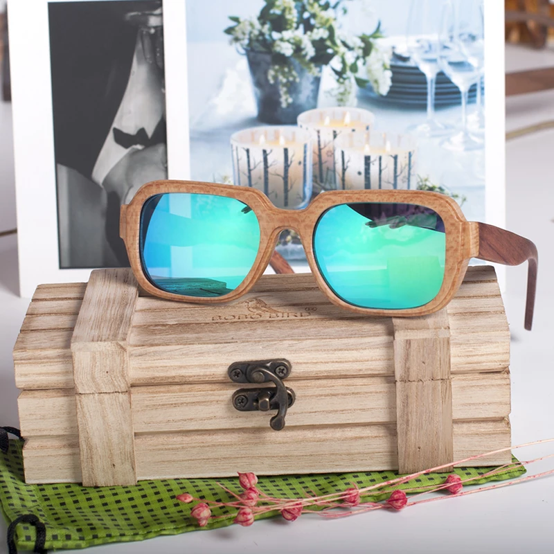 

BOBOBIRD Wooden Bamboo Sunglasses Men or Women Square Polarized Sun Glasses Ladies Eyewear in Wood Box Customize Logo