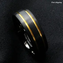 8mm Brushed Dome Black Tungsten Ring Gold inlay wedding band mens jewelry Free Shipping