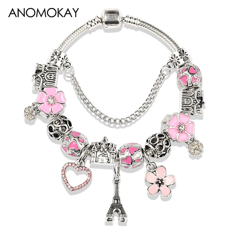 

Dropshipping Romantic Pink Enamel Crystal Flower Charm Pan Bracelet Silver 925 Plated Eiffel Tower Diy Women Bead Bracelet