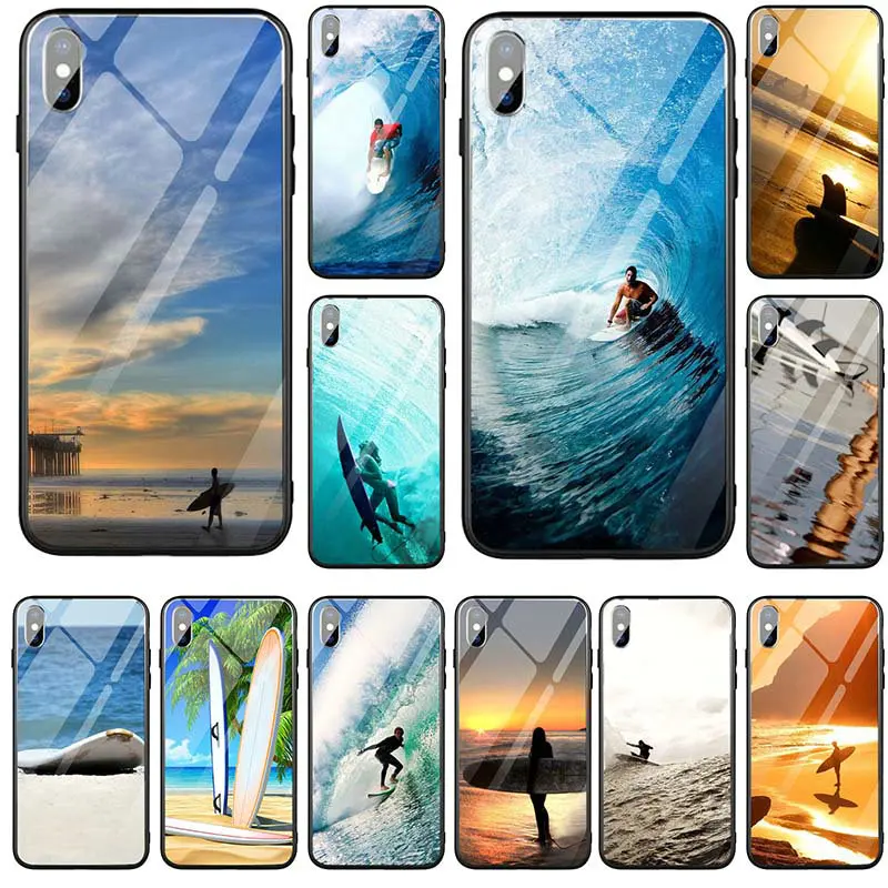 

For iPhone 5 5S SE 7 6S 6 8 Plus X XR XS Max Shell PC tpu Tempered Glass Phone Cases Back Cover Shell Bags Surfboard Surfing Art