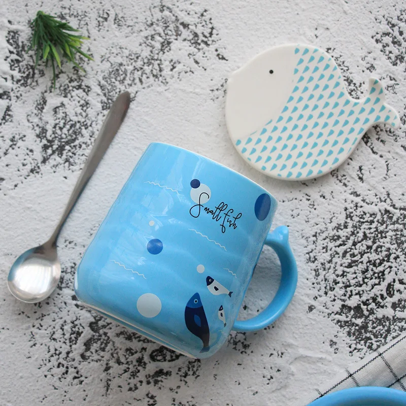 Literary fresh fish ceramic cup with lid spoon cute simple mug (6)