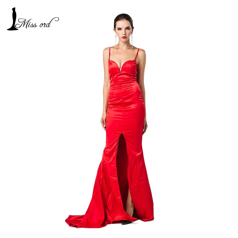  Free Shipping  Missord   2016 Sleeveless halter sexy deep v split dress FT2572 