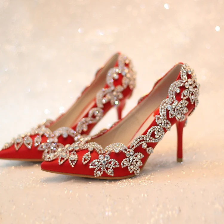 

Wedding Shoes Red Chinese National Palace Tetro Style Diamond Glittering Evening Dress Shoe Bride Shoes Crystal Pumps For Party