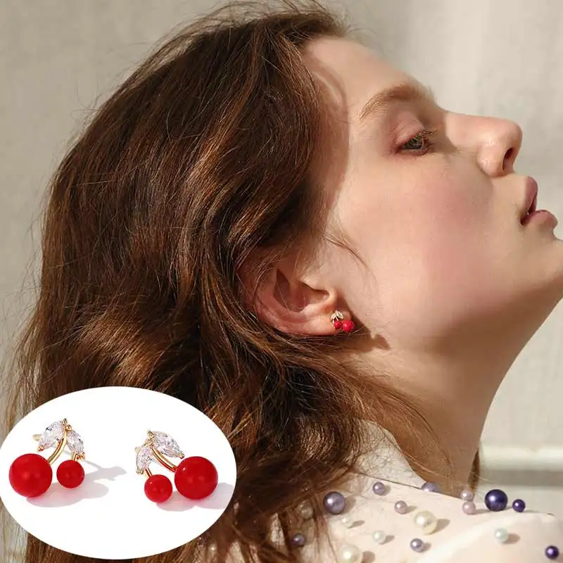 

Korean version of the red pearl cherry earrings personality fashion fruit zircon earrings for women