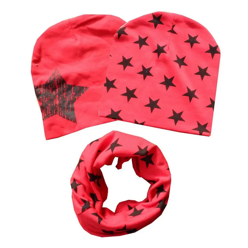 EFINNY/Детский комплект из 2 предметов: хлопковая шапка со звездами+ шарф для маленьких девочек, шапка для мальчиков 1 - Цвет: Красный