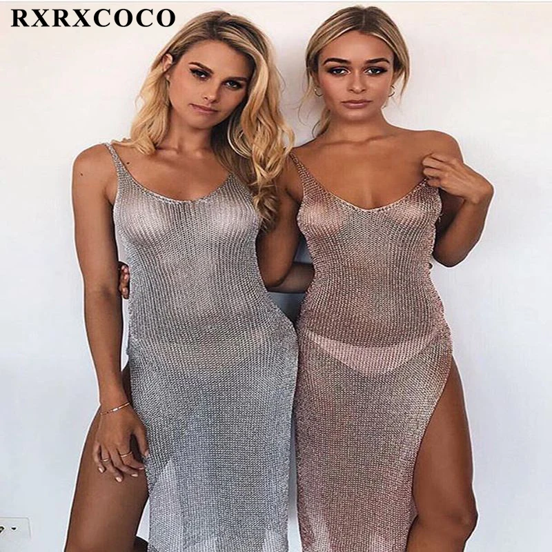

RXRXCOCO Sexy Solid Women Mesh Beach Cover-up Swimsuit Covers Up Bathing Suit Summer Beach Wear Knitting Swimwear Beach Dress