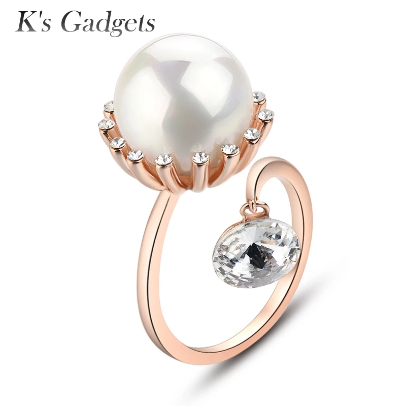 

K's Gadgets Rose Gold Color Ring Perle Natural Shell Pearl Ring For Women Crystal Anel Feminino Imitation Pearl Ring