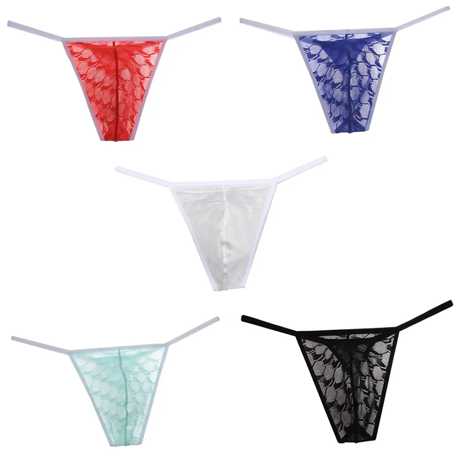 

5PCS Per Lot New Sexy Mesh Hexagon Pattern Bikini Male Thong Underwear Elaborate Craft Men Fashion Underpants Elastic G-strings