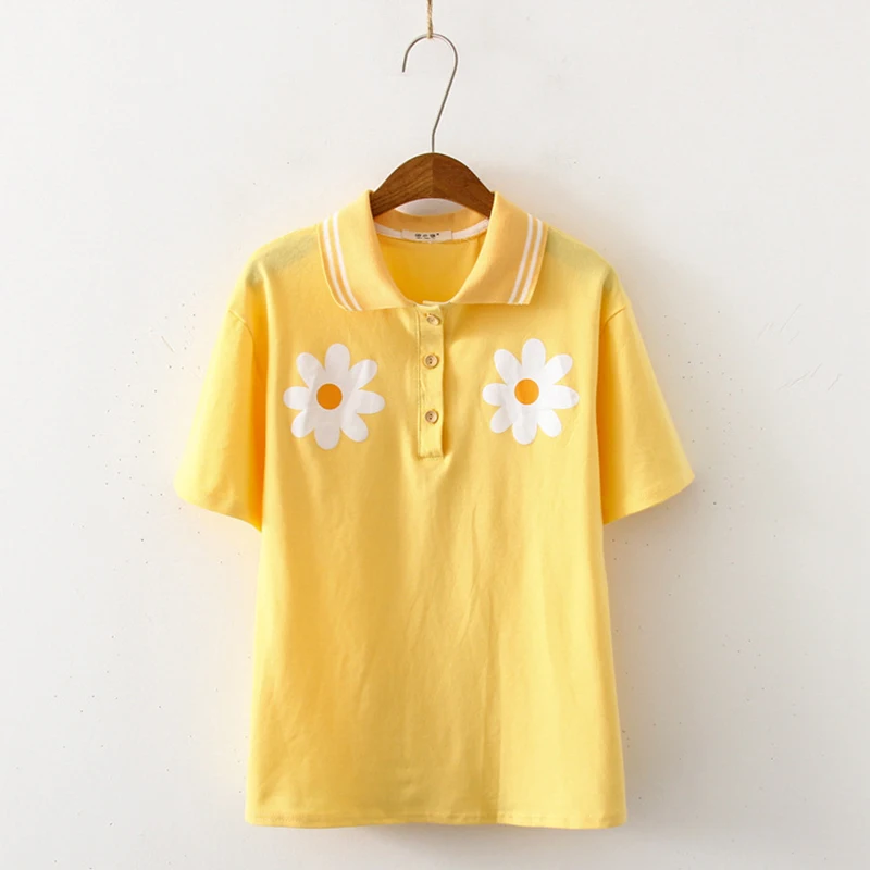 Свободная летняя новая женская рубашка поло, рубашка с цветочным принтом, топ с короткими рукавами, топы поло для девочек-подростков, одноцветная - Цвет: Цвет: желтый