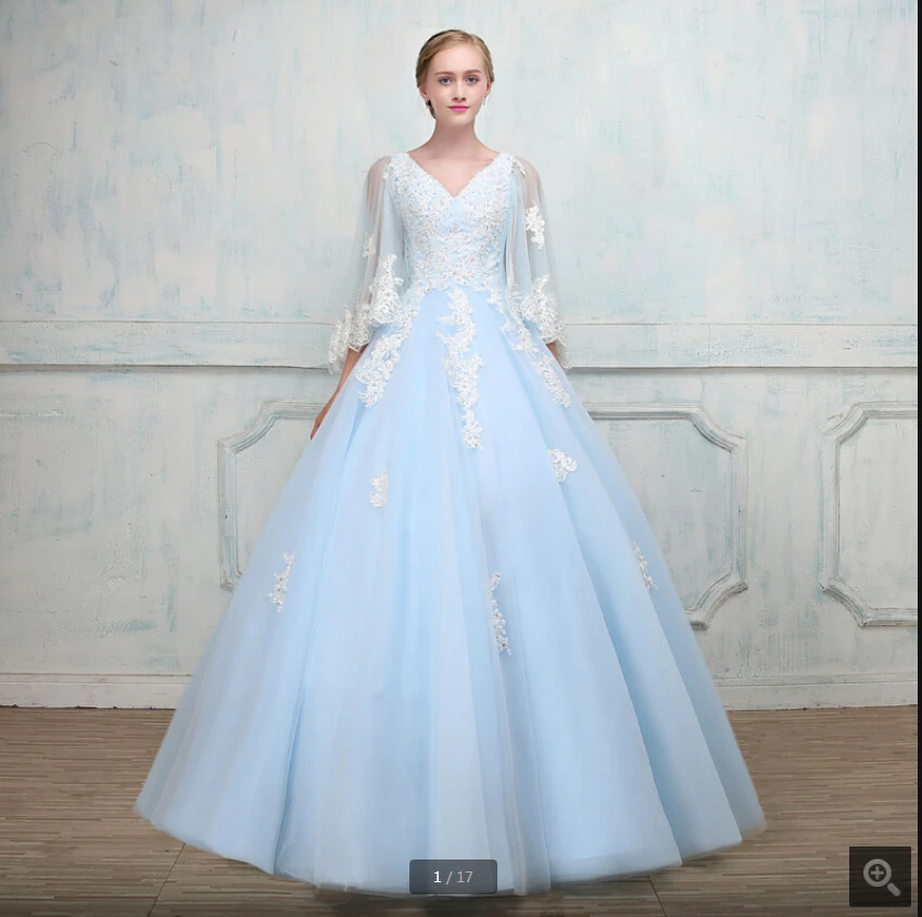 Vestido de festa небесно-Голубое Бальное Платье 3/4 рукав кружева аппликации платье с бисером для выпускного вечера v-образный вырез скромный