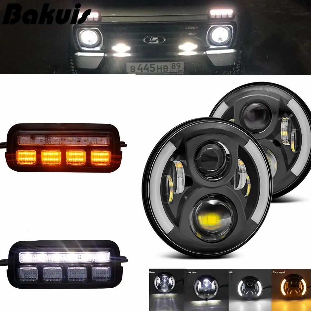 

7Inch LED Headlamps with Halo Ring Amber LED Daytime Running Lights tail lights Protector Frame Trim For LADA NIVA 4x4 1995-
