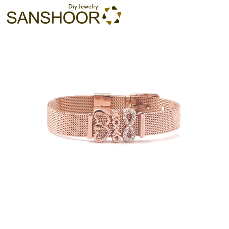 Rose Gold Set SANSHOOR сетчатый Браслет из нержавеющей стали браслет с блокировкой сердца проложить Бесконечность XOXO Хранитель скольжения подвески для женщин Подарки 1 комплект - Окраска металла: Rose Gold Set