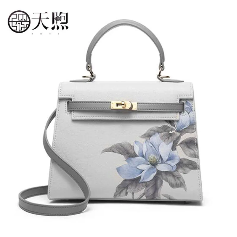 

Genuine Leather women bag 2019 new printing fashion atmosphere Kelly bag ladies handbag shoulder Messenger bag