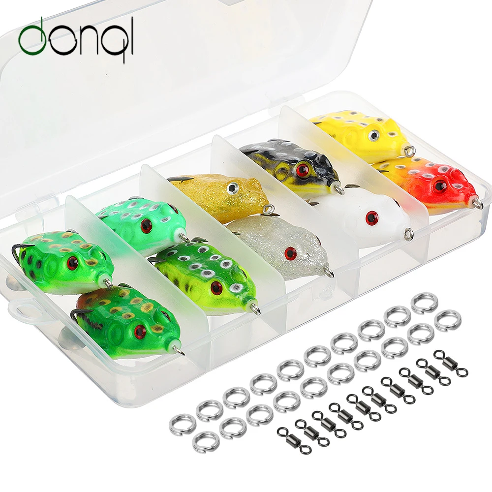 

DONQL 10pcs/ Set Soft Frog Fishing Lures 11g 5.5cm With Metal Spoon Sequins Topwater Bait Double Hooks Frog Lure Fishing Tackle