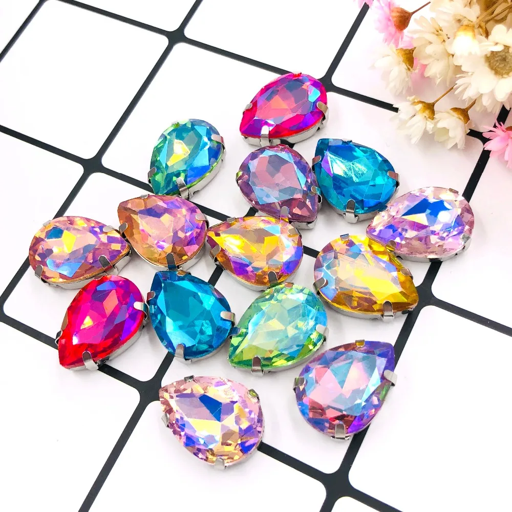

New arrival Teardrop shape crystal Glass sliver base flatback sew on rhinestones with claw for DIY clothing Accessories