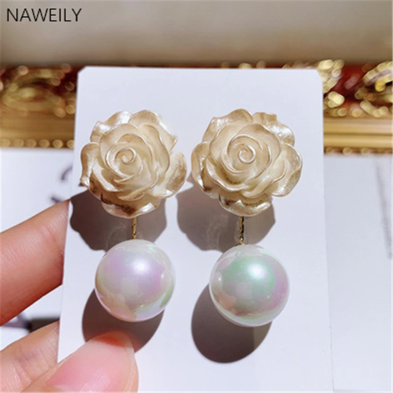 

Fashion New Korean Gold Camellia Earrings Silver Needle Imitation Pearl Dual Use Earring For Women Statement Jewelry Gift