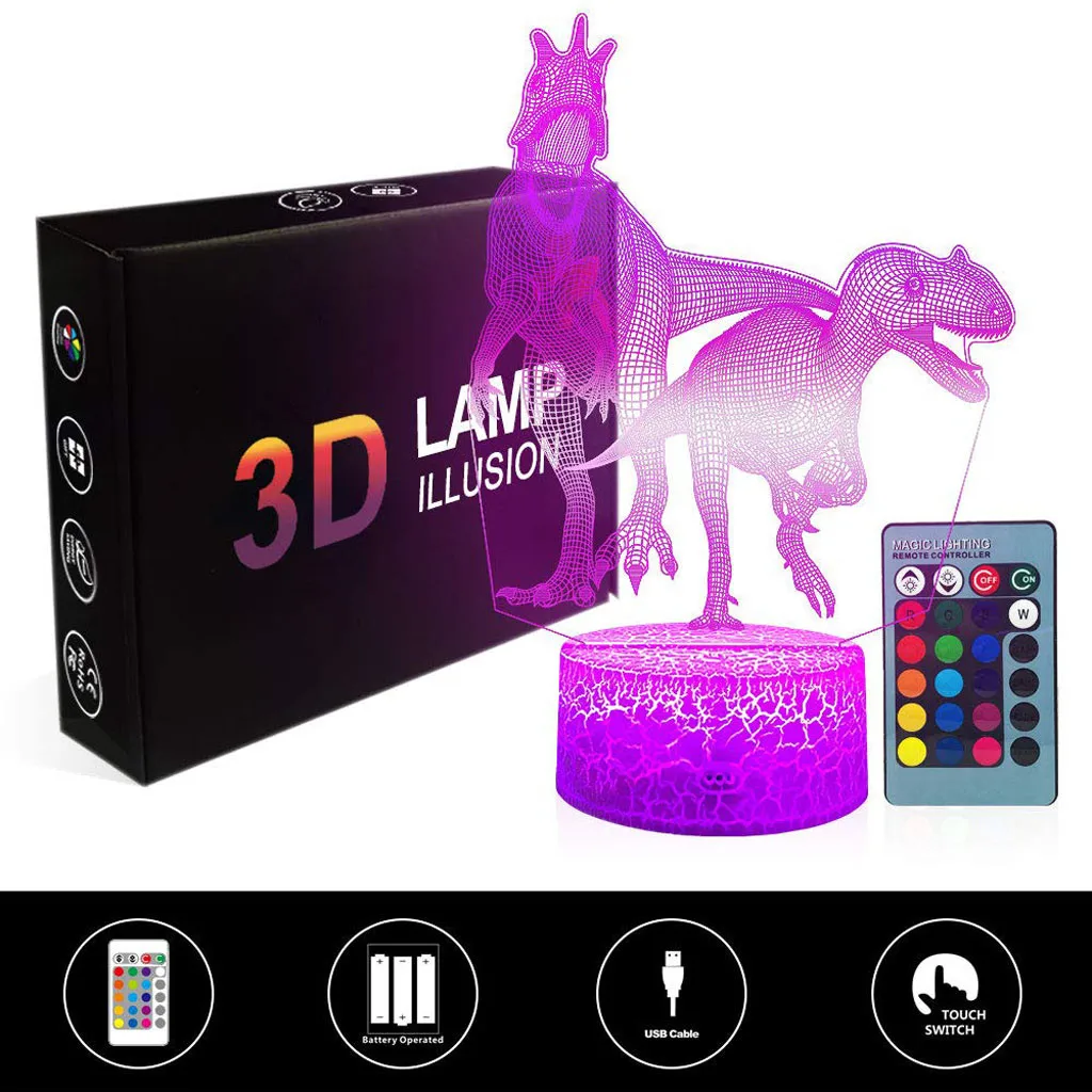СВЕТОДИОДНЫЙ 3D динозавр подсвечивающая лампа новая спальня Оптическая ...