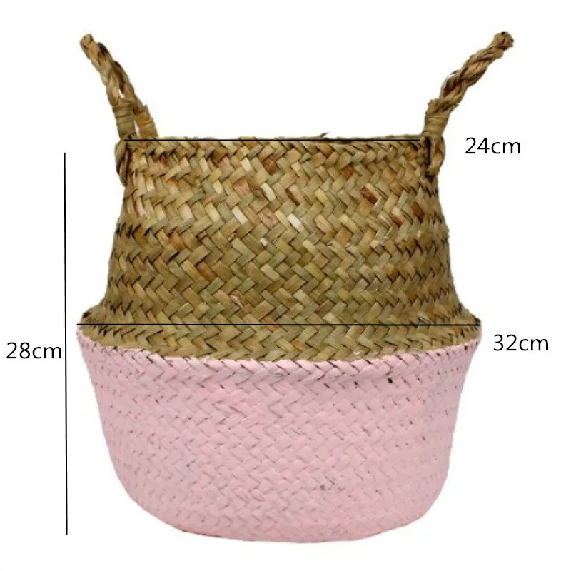 Garden Plant Flower Pot Handmade Rattan Storage Basket Foldable Seagrass Straw Hanging Woven Handle Toy Storage Container 1Pc