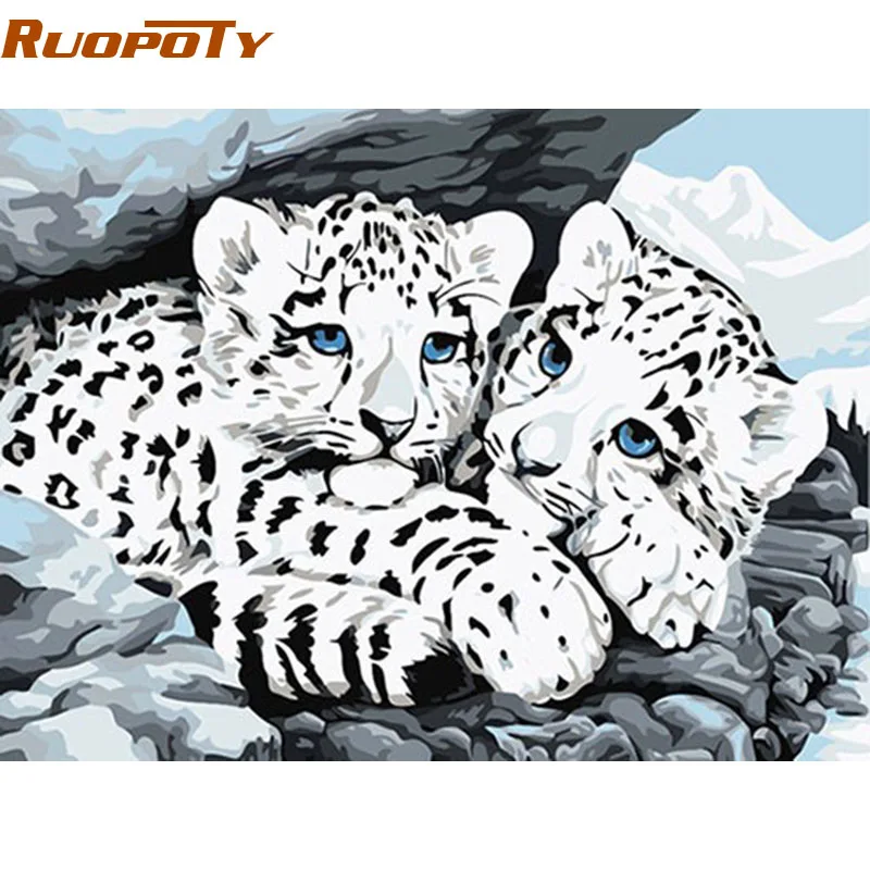

Frameless White Leopard Animals DIY Painting By Numbers Kits Coloring Painting By Numbers Handpainted Canvas Picture For Artwork