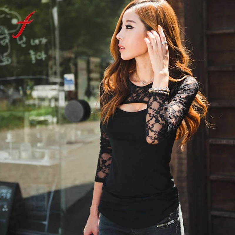 Feitong Women Lace T Shirts Sexy Open Chest O Neck Long Sleeve Lady Tee