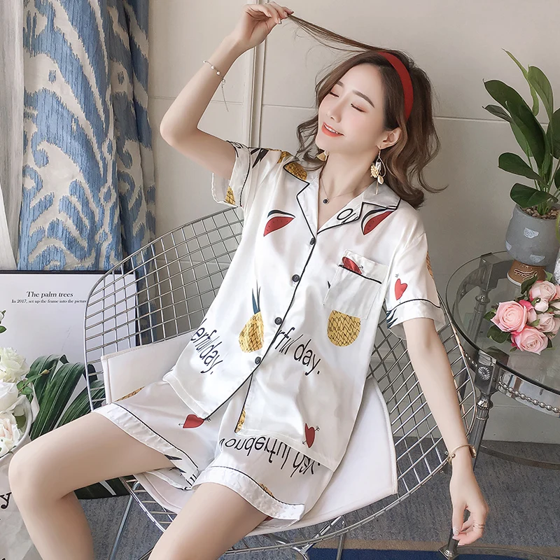 

Summer female pajamas 26 colors Short Sleeve Silk Pajamas Set Two Pieces Set Women Sleepwear Sexy Nightwear for Women home wear