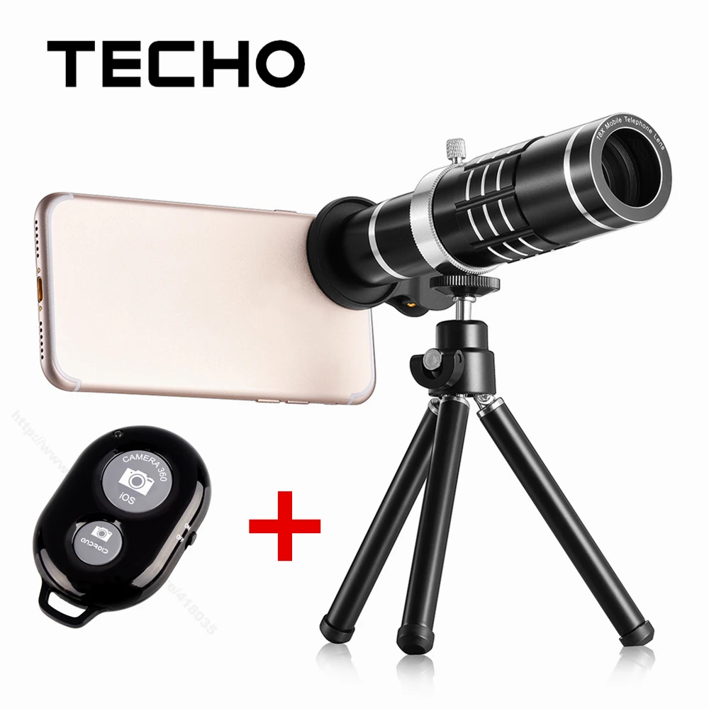 TECHO Universal Clip Telescope 18X Zoom Optical Phone Lens With Tripod and Bluetooth Remote