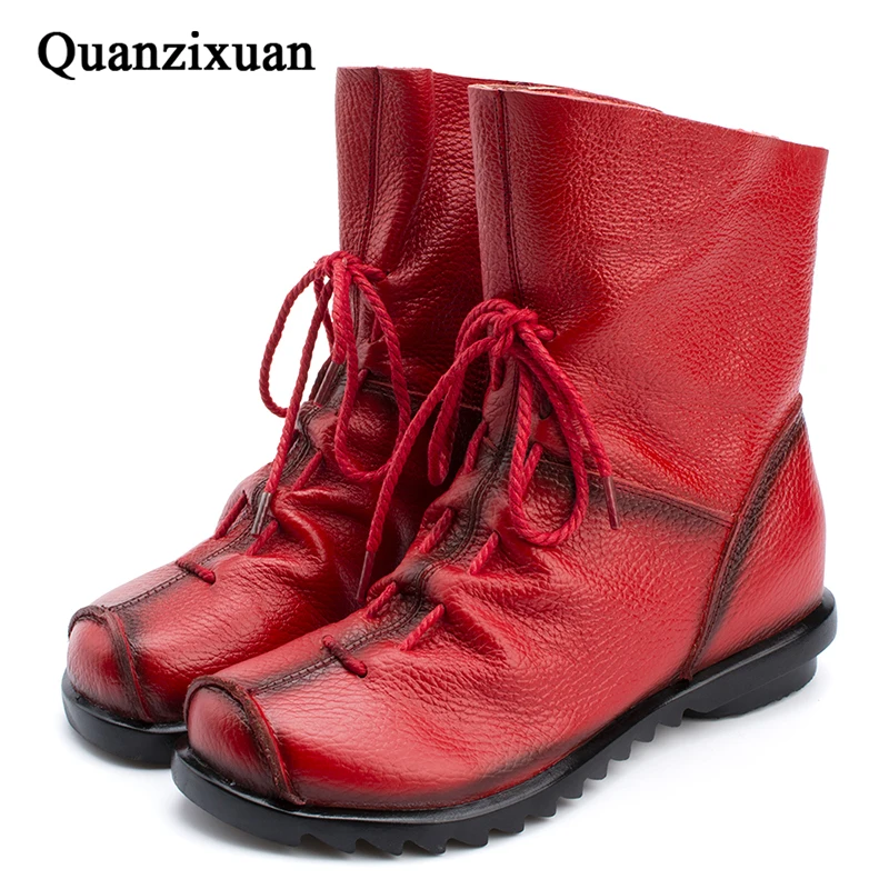 

QUANZIXUAN New Genuine Leather Women Boots Flat Booties Soft Cowhide Women's Shoes Fashion Zip Ankle Boots women zapatos mujer